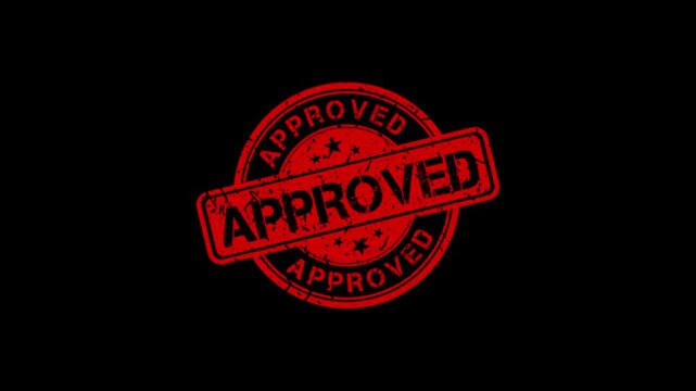 Red approved rubber stamp animation on black background, for business validation, seal