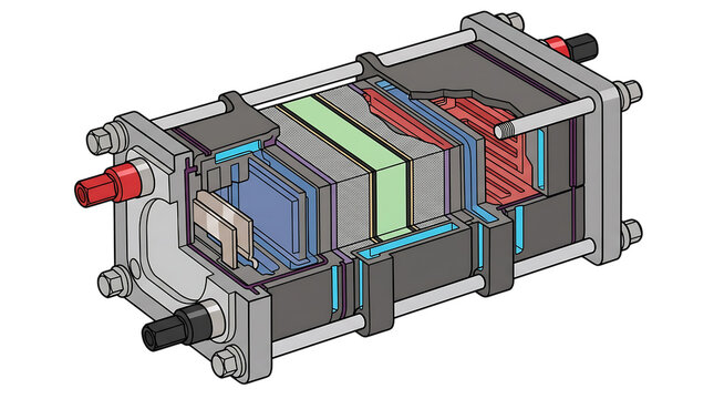Technical cross section diagram of a hydrogen fuel cell stack isolated on transparent background