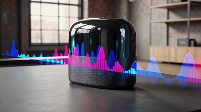 Smart wireless speaker with digital sound waves, Modern voice assistant device in loft interior, portable Bluetooth speaker with neon audio equalizer