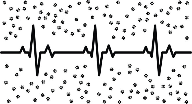 Veterinary heartbeat ecg line with scattered pet paw prints pattern background for animal health concept vector illustration.eps