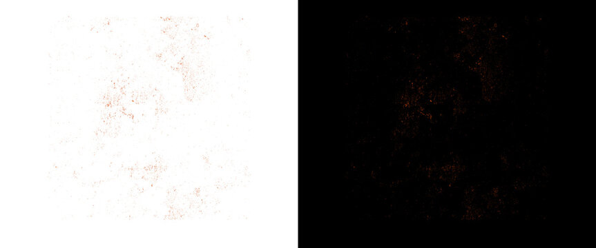 Distressed copper dust texture, metallic rust particles on white and black background, industrial grit overlay for design