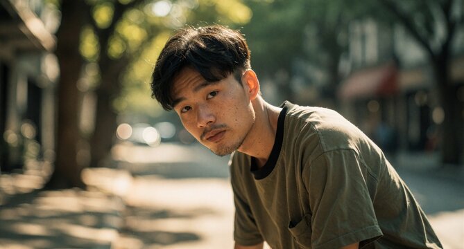 Portrait of Young Asian Man Leaning Forward on City Street