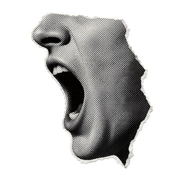 Halftone style screaming mouth illustration on torn paper texture background