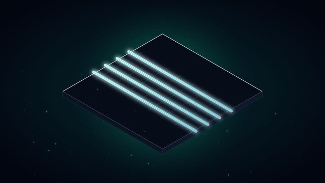 Futuristic glowing neon lines on dark isometric platform representing technology and data connection