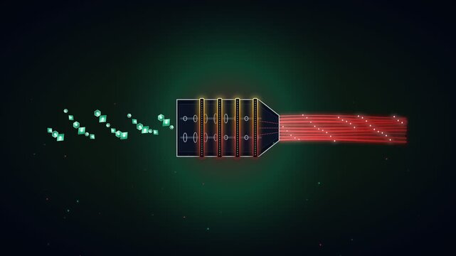 Abstract scientific illustration showing particle physics experiment with glowing energy beam