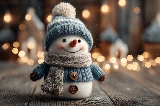 Snowman Toy in Knitted Hat, Scarf and Sweater on a festive Christmas or New Year background, copy space