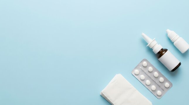 Top view allergy care composition with nasal spray blister tablets and tissues on pastel blue background for medical banner and background use. Copy space