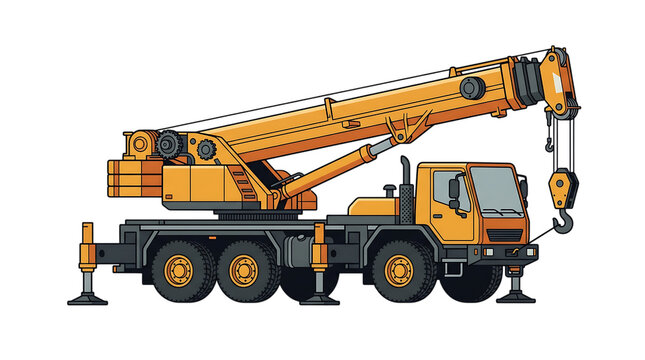 A detailed pixel art style yellow mobile construction crane isolated on transparent background
