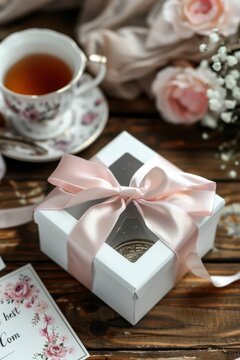 White windowed gift box tied with pink satin bow beside tea cup and roses for mother's day product mockup and packaging design