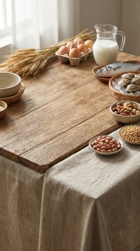 Food allergy ingredients wooden table still life for awareness poster and educational background with common allergens like eggs milk nuts and wheat. Copy space