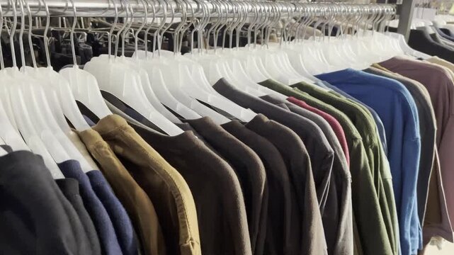 Row of colorful t-shirts hanging on rack in clothing store