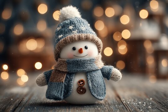 Funny Snowman in Knitted Hat and Scarf on a festive Christmas or New Year background	