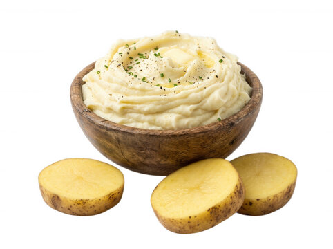 Creamy mashed potatoes in wooden bowl with butter isolated on transparent