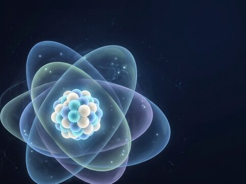 A digital illustration of an atom with orbiting electrons around a dense nucleus, set against a dark background symbolizing atomic structure and quantum science.