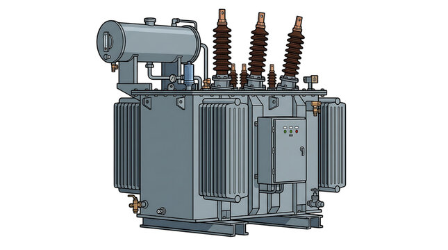 Industrial high voltage electrical power transformer equipment isolated on transparent background