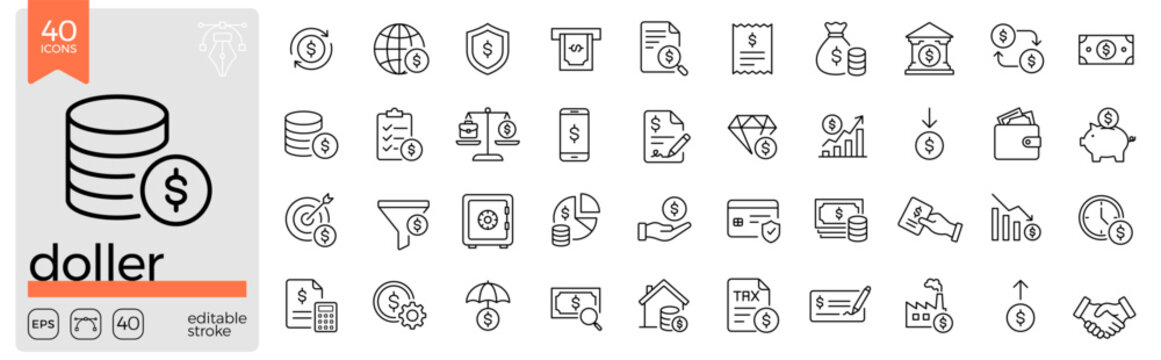 Dollar line icon set. Dollar, money, currency, payment, finance, banking, cash, income, profit, savings, investment, wallet, credit, accounting. Editable stroke. Vector illustration.