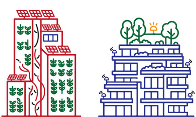 Naklejka premium Eco friendly smart buildings vector illustration with solar panels and rooftop gardens for sustainable urban development