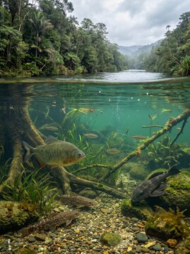 Underwater view of a clear freshwater river teeming with fish and aquatic plants, surrounded by dense tropical forest under a cloudy sky.
