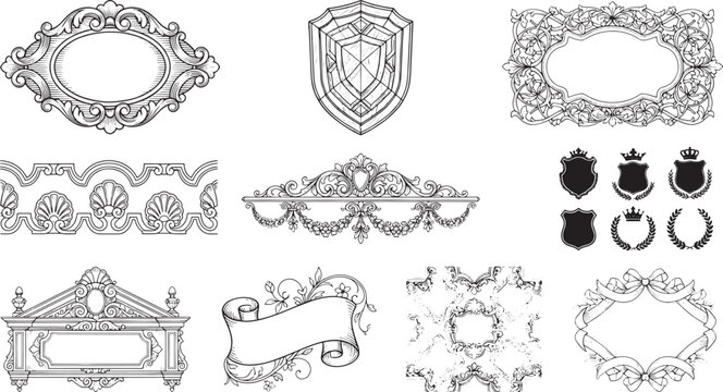 Set of black and white decorative borders, ornate frames, heraldic shields, crowns, and floral scrolls on a clean white background