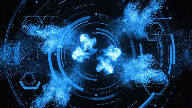 Abstract blue particles blooming with futuristic HUD elements during a digital explosion