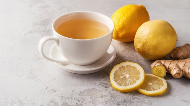 Warm lemon and ginger tea in white cup with lemon halves and ginger root for autumn banner background and cozy beverage layout. Copy space