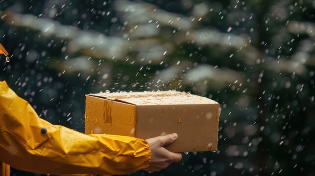 Autumn wet parcel held outdoors with falling raindrops and blurred background for seasonal delivery poster and promotional background. Horizontal banner. Copy space. Mock-up for delivery service