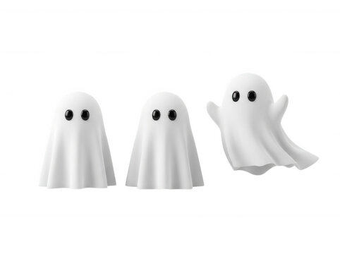 Three adorable white ghost characters isolated on a transparent background