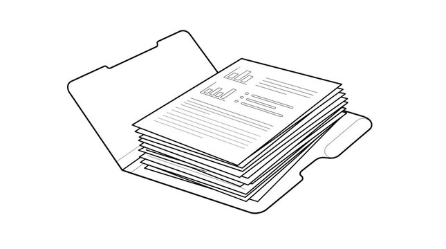 Minimalist line art business folder, open office file with document stack, professional data report illustration