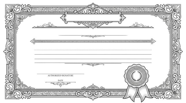 Vintage certificate template with ornate border, elegant diploma background with seal, classic award document with filigree frame