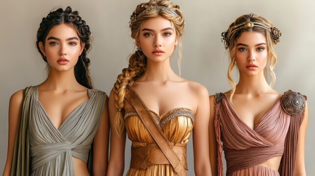 Three beautiful women in Greek goddess costumes with braided hairstyles and elegant dresses