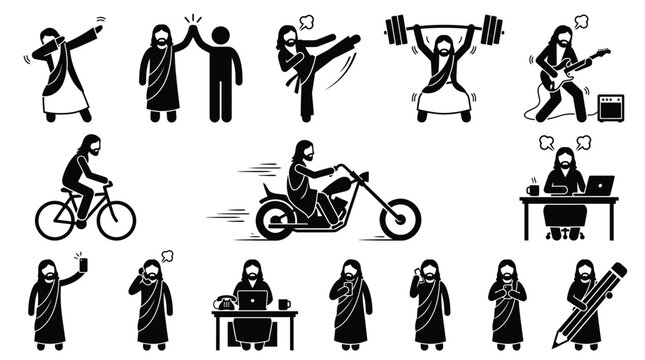 Diverse jesus character stick figure vector illustration showing daily activities and hobbies in black white style