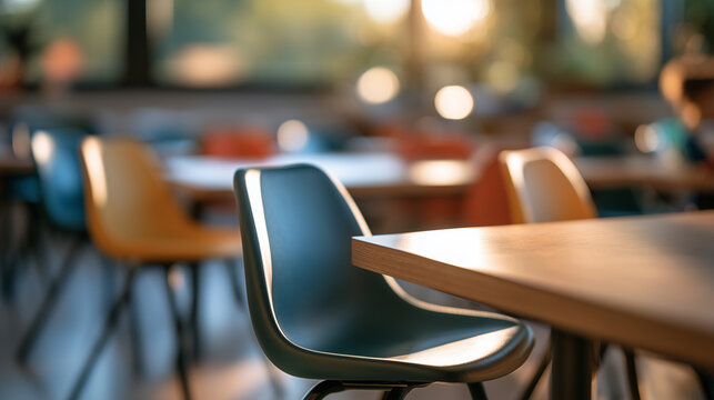 Detailed shot of an empty preschool or elementary school classroom with rows of colorful chairs neatly tucked under wooden tables, bright natural lighting, clean and crisp details,