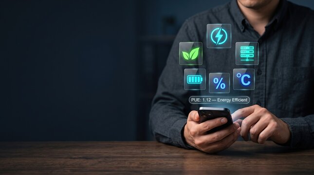 Data center energy efficiency concept with professional using smartphone beside glowing power, eco, server, temperature and battery icons, sustainable infrastructure with clean left copy space