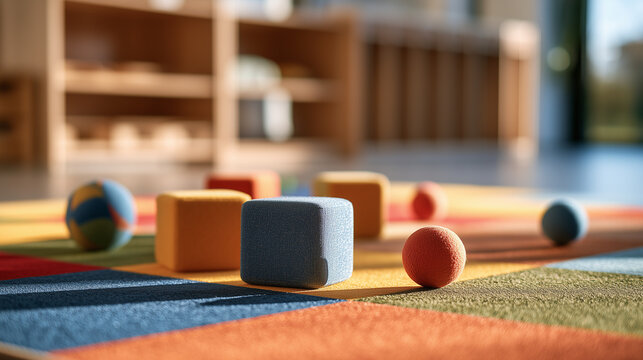 Colorful sensory playroom with soft foam puzzle mats, small balls and building blocks scattered across the floor, kindergarten, preschool toys, early learning, daycare interior