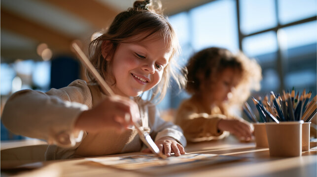 Smiling young girl wearing eyeglasses and overalls beside books at her desk, child learner, classroom portrait, school readiness, new semester, early education, first school day, study tim