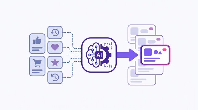 Artificial intelligence brain processes user data from likes, shopping carts, and history, generating personalized content recommendations on a white background.