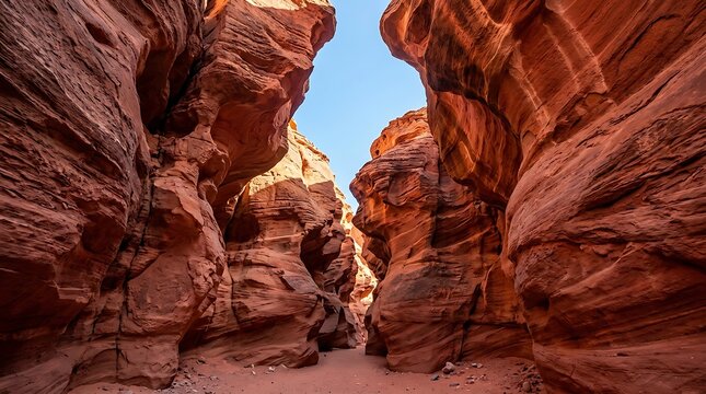Sunlit red sandstone slot canyon under a clear blue sky