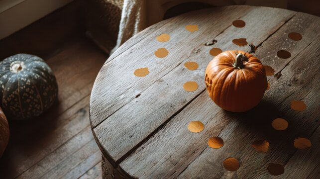 Autumn pumpkin on a rustic wooden table halloween background for banner and seasonal wallpaper design