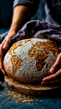 A person's hand is holding a loaf of bread with a map of the world on it