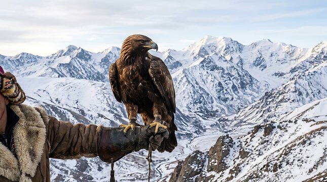 Majestic eagle sitting on a gloved hand with snowy mountain peaks