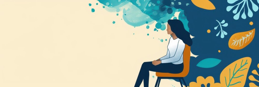 Seated woman with abstract botanical thought cloud for mental health screening background and counseling poster. Horizontal banner. Copy space. Flat illustartion