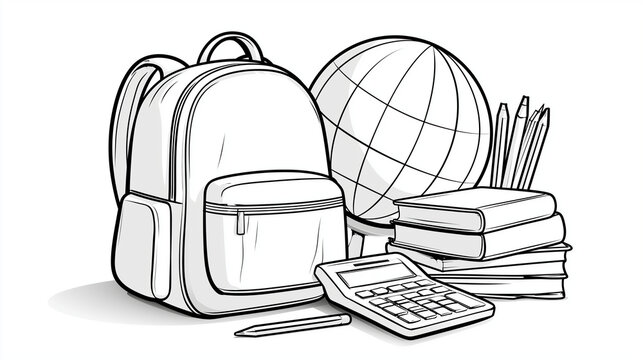 Detailed monochrome line drawing of educational elements, backpack, globe, books, and calculator, coloring book style for children, clean black outlines on a white surface, profess
