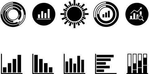 Obraz premium Set of black and white business data analysis icons featuring various bar charts and circular graphical elements