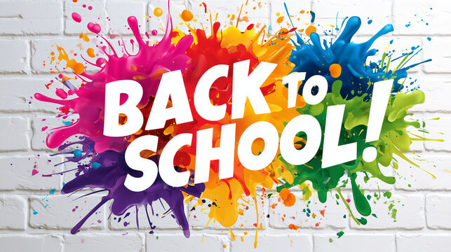 Back to school lettering on a white brick wall with colorful paint splashes, education banner, September campaign, school reopening, academic season, student enrollment, semester start, learning