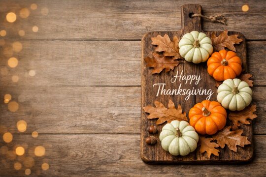 Rustic thanksgiving flatlay with small orange and cream pumpkins on wooden cutting board and autumn leaves for holiday background and poster design