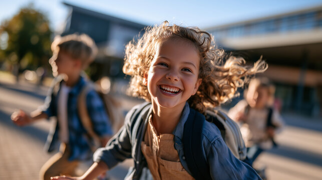 Young schoolboy with a backpack walking toward a modern school entrance on a sunny morning, back to school, elementary pupil, first day, September, class arrival, primary education, academic year,