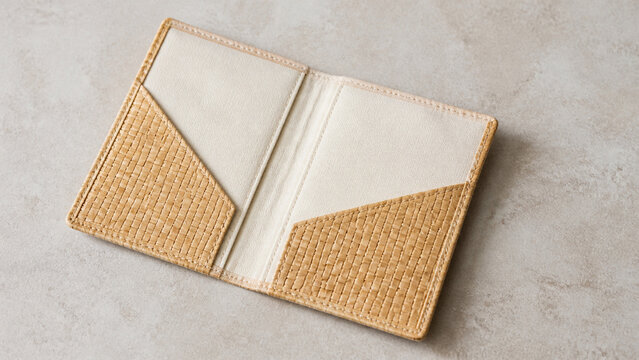 Open Woven Raffia Passport Cover on Neutral Stone