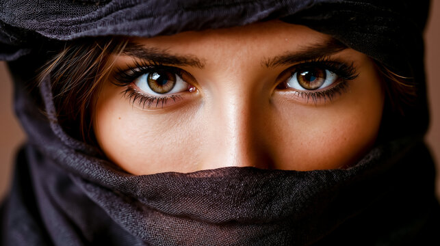 A close-up of a woman's face with her eyes looking directly at the camera wearing a black headscarf