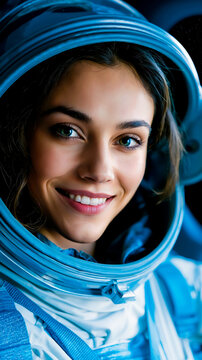 A woman wearing a blue astronaut suit with a helmet smiling and looking directly at the camera