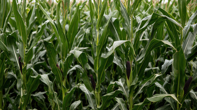 Purple corn plants growing among tall green maize in a cultivated agricultural field, showing dark ears developing on healthy stalks before harvest